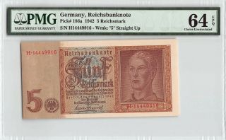 Germany,  Reichsbanknote 1942 P - 186a Pmg Choice Unc 64 Epq 5 Reichsmark