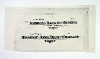 Greece & Nyc.  National Bank Of Greece,  Ca.  1920 - 40 Proof Check Titles Abn Unc