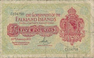 The Government Of Falkland Islands 5 Pounds 1975
