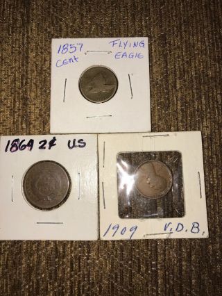 1857 Flying Eagle Cent Coin & 1864 Two Cents Coin & 1909 V.  D.  B One Cent Coin