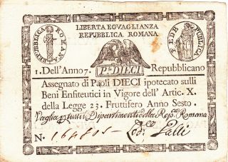 10 Paoli Fine - Vf Banknote From Roman Republic 1798 Pick - S540