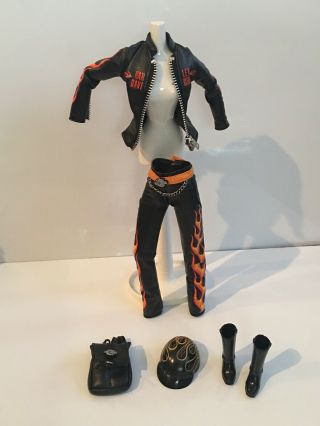 Harley - Davidson Logo Flame Riding Jacket,  Pants,  Belt,  Helmet For Barbie Doll