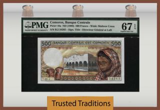 Tt Pk 10a 1986 Comoros Banque Centrale 500 Francs Pmg 67 Epq Gem Unc