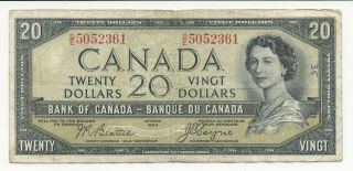 1954 Canada $20 Twenty Dollar Bill Canadian Bank Note Devils Face Vg,