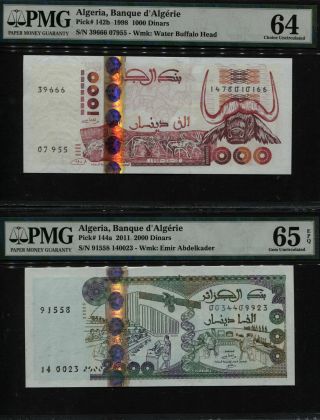 Tt Pk 142b & 144a 2011 & 1998 Algeria 1000 & 2000 Dinars Pmg 64 & 65q Set Of Two