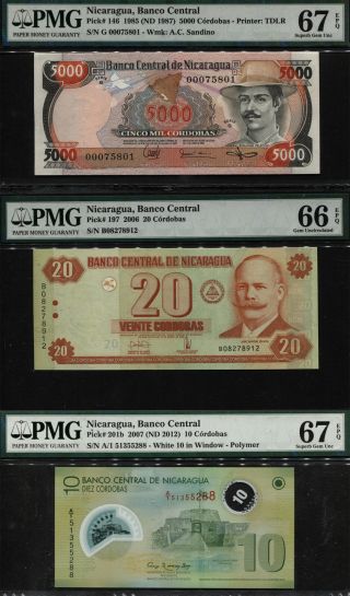Tt Nicaragua Diverse Medley Of Notes From Series 1985 - 2007 Pmg 67 Epq Set Of 3