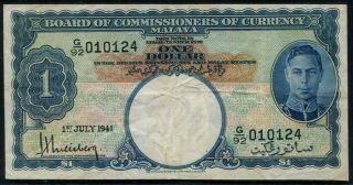 Malaya Board Of Commissioners Of Currency Note Kgvi Banknote 1941.  $1