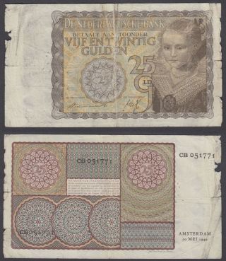 Netherlands 25 Gulden 1949 (vg) Banknote P - 60