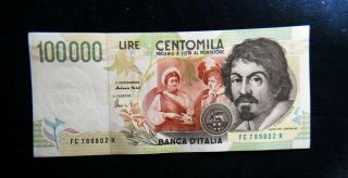 1995 Italy Banknote 100000 Lire Caravaggio 2° Xf,  /aunc
