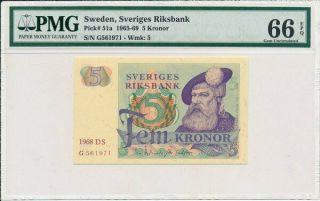 Sveriges Riksbank Sweden 5 Kronor 1968 Pmg 66epq