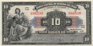 Peru 10 Soles 26.  9.  1941 P 67aa Series C15 Uncirculated Banknote Fl20