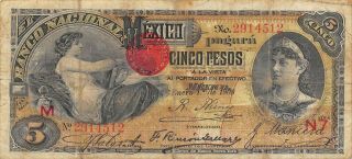 México 5 Pesos 1.  1.  1908 S 257c Series M - N7 Circulated Banknote Mxan