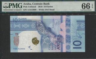 Tt Pk Unl 2019 Aruba - Central Bank 10 Florins Turtle Pmg 66 Epq Gem Unc