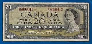 1954 Canada Canadian Twenty 20 Dollar Bill Prefix S/e Note Circulated