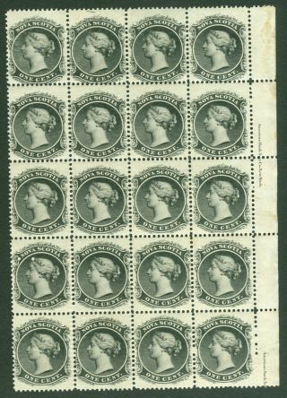 Sg 9 Nova Scotia 1860 - 63.  1c Jet Black.  Fresh Block Of 20.  18 Stamps U/m/m