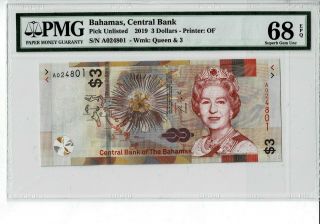 Bahamas 2019 3 Dollars Prefix A Pmg 68 Epq Gem Unc