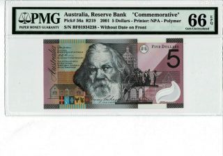 Australia P 56a 2001 5 Dollars Commemorative Pmg 66 Epq Gem Unc
