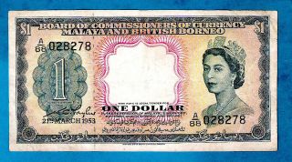 Malaya And British Borneo P1 1 Dollar Qeii Sign William Taylor 21.  3.  1953 Xf/xf,