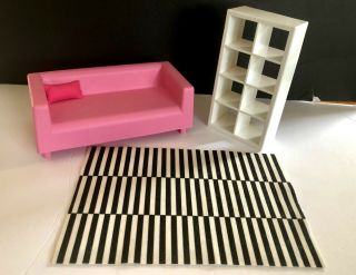 Ikea Brand Barbie Doll Size Furniture White Cubbie Bookcase,  Rug And Pink Couch