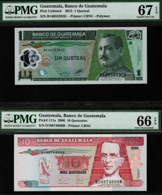 Tt Pk Unl & 111a Guatemala 1 & 10 Quetzal Pmg 66q Gem & 67q Set Of Two