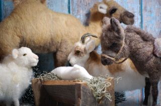 Needle Felted Christmas Nativity Set Camel Donkey Goat Sheep Animal Wool Art