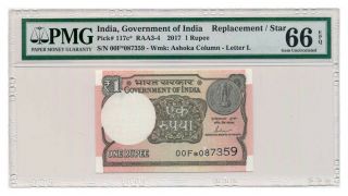 India Banknote 1 Rupee 2017.  Replacement Note Pmg Ms - 66 Epq