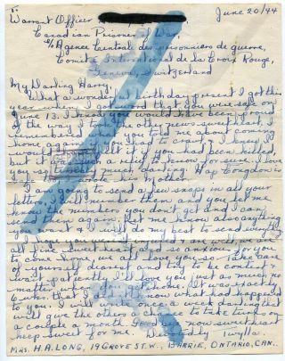 Canada Wwii 1944 Heartfelt Letter From Wife To Husband Via Red Cross Pow Censor
