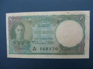 1944 Ceylon 1 Rupee (sri Lanka) Banknote Crisp Gvf