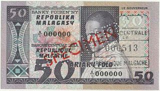 Madagascar 50 Francs = 10 Ariary Issued 1974 Specimen,  P62s Unc