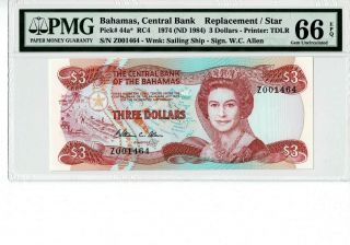 Bahamas P 44a 1974 3 Dollars Replacement Prefix Z Pmg 66 Epq Gem Unc