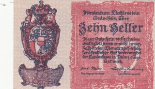 10 Heller Aunc Banknote From Liechtenstein 1920 Pick - 1