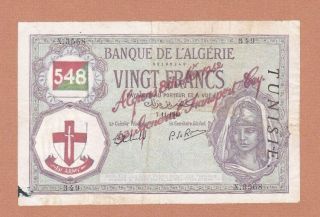 Banque Algeria And Tunisia Military 20 Francs 1942 P - M3 Vf 1st Army