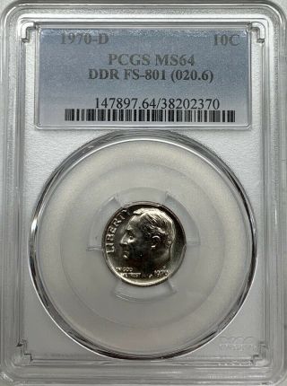 1970 D Roosevelt Silver Dime Pcgs Ms64 Ddr Fs - 801 (020.  6) Variety Coin