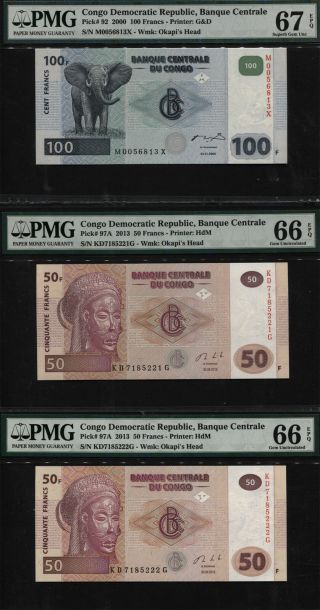 Tt Pk 92 & 97a 2000 - 13 Congo Democratic Republic 50 & 100 Francs Pmg 67 Epq Set