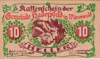 10 Heller Extra Fine Wood Banknote From Germany/hadersfeld 1920 Printed On Wood