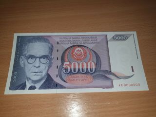 Zero Serial - Yugoslavia 5000 Dinara 1991.  Unc