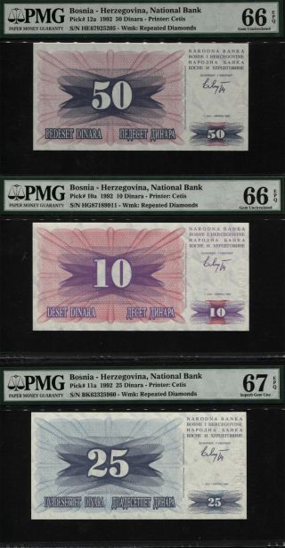 Tt Pk 10a,  11a & 12a 1992 Bosnia Herzegovina 10,  25 & 50 Dinara Pmg 67q Set Of 3
