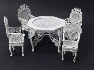Dollhouse Miniature Patio Set White Wire Table 4 Chairs 1:12 Scale Fairy Garden