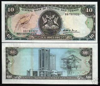 Trinidad & Tobago 10 Dollars P38 B 1985 Bird Cargo Ship Unc Currency Money Note