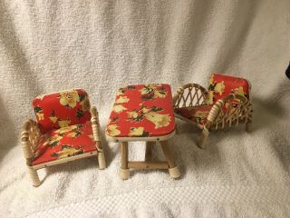 Vintage Dollhouse Miniatures Wicker Rattan Table & 2 Chair Set