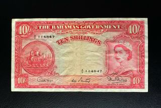1936 Bahamas Government 10 Ten Shillings Banknote,  Issued 1953,  A/2 114847