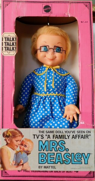 1966 Family Affair 22 " Mrs Beasley - Orig Box Apron Collar & Glasses Speaks Well