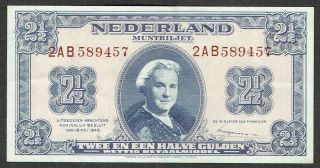 Netherlands 2½ Gulden 1945 Vf/xf Muntbiljet Queen Wilhelmina Tdlr P71