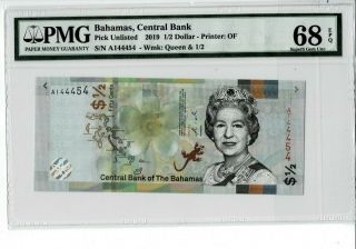 Bahamas Central Bank 2019 1/2 Dollar Prefix A 44454 Pmg 68 Epq Gem Unc