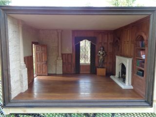 1:12 Dollhouse Miniature Ooak Tudor Room Box With Fireplace,  Shelving,  & More