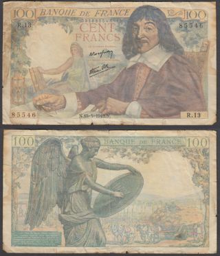 France 100 Francs 1942 (vg) Banknote P - 101 Note