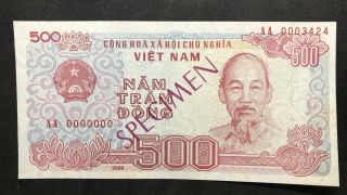 Vietnam Banknote 500 Dong 1988 Aa 0003424 Uncirculated Aa 0000000 Specimen
