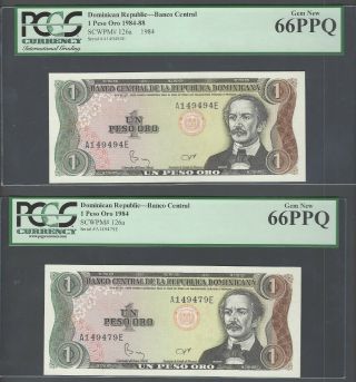 Dominican Republic 2 Notes One Peso Oro Nd (1984) P126a Uncirculated Graded 66