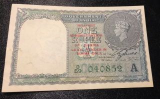 British India Burma Overprint 1 Rupee 1940 P 25b Banknote Crisp - Scarce