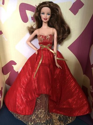 Rare Htf 2014 Holiday Model Muse Brunette Barbie Doll Kmart Exclusive Red Gold
